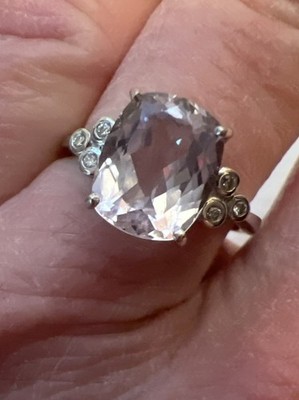 18k White Gold Ring Light Pink CZ Cushion & Clear Accent CZs Size 7, 4 Grams