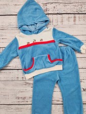Kids World 2T Vintage Blue Velour Cherry Hoodie Retro Jogger Set 80s 90s