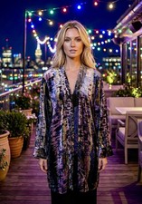 Johnny Was L Large Velvet Silk Kimono Wrap Jacket Lined Purple Blue Gold Artsy