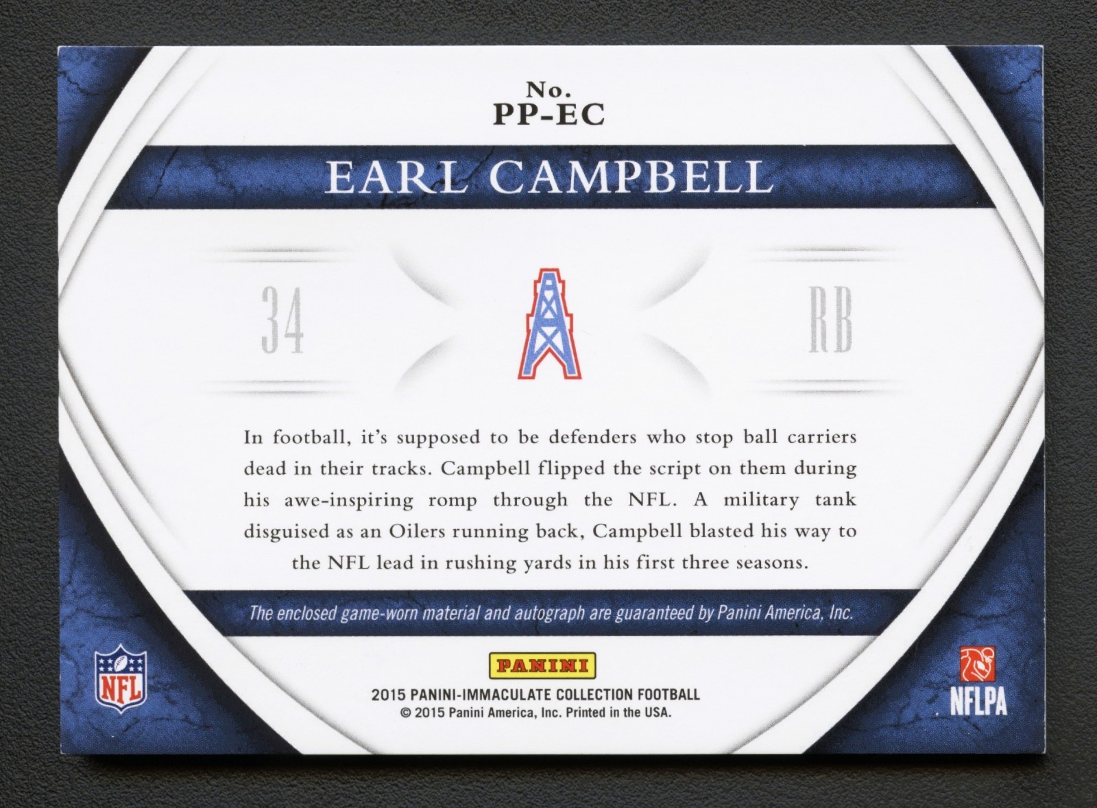 EARL CAMPBELL 2015 IMMACULATE PREMIUM PATCH AUTO AUTOGRAPH /49 *GAME-USED* view 2