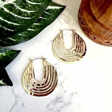 Gold Hammered Metal Curved Hoop Earrings Layered Lines Boho Jewelry Gift NEW