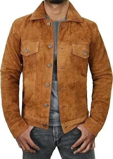 Men’s Premium Brown Suede Leather Trucker Jacket Vintage Western Motorcycle Coat