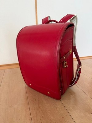 Randoseru Backpack Red Leather School Bag, Bicolor trim, Gold hardware, 4yrs use