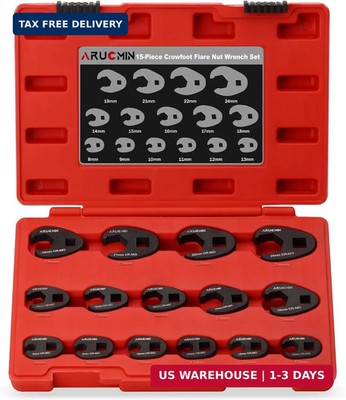 3/8'' and 1/2'' Drive Crowfoot Flare Nut Wrench Set, 15-Piece 8-24mm Metric Crows