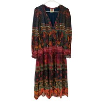 Farm Rio Mixed Scarves Midi Dress XS Multi Tropical Beaded Tassel V-Neck Viscose