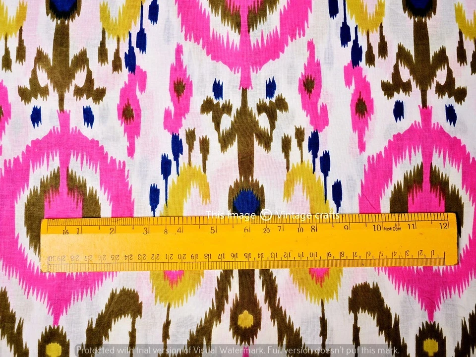 5 Yard Indian Hand Block Ikat Print Pure Cotton Dress Running Fabric Pink White - Image 3 of 4
