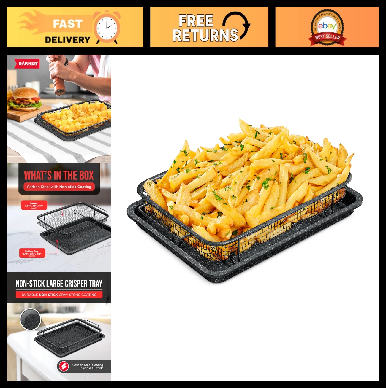 Crisper Tray Set - 2-Piece Non-Stick Gray Marble Design for Healthier Cooking, P