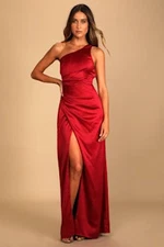 Lulus Women Dreaming Of Elegance Satin One-Shoulder Maxi Dress Red Large