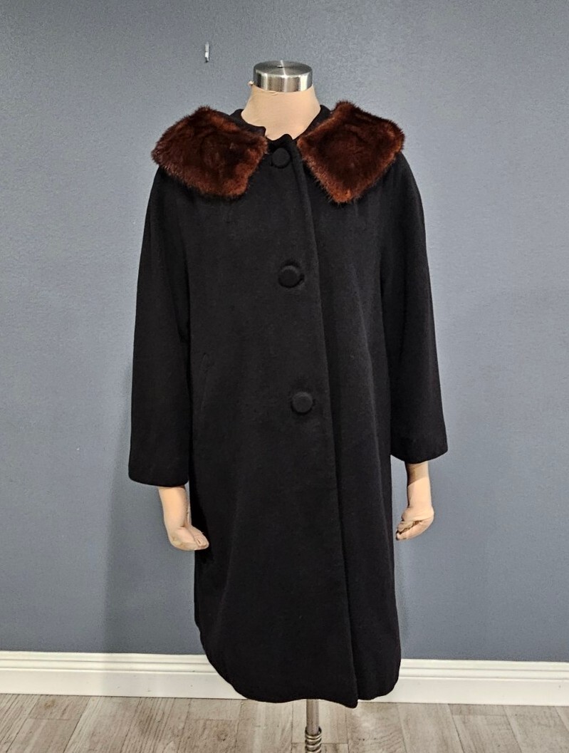 Vintage 50s 60 Women Black Cashmere Mink Fur Collar Coat M/L | eBay