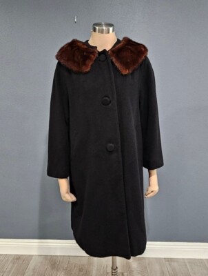 Vintage 50s 60 Women Black Cashmere Mink Fur Collar Coat M/L | eBay