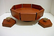 VTG 3 Piece Hand Crafted 10" Octagon Wooden Serving Dish Tray w/ Candle Holders