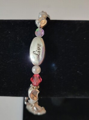 Hand Crafted Live Love Laugh Bracelet Pink White Silvertone