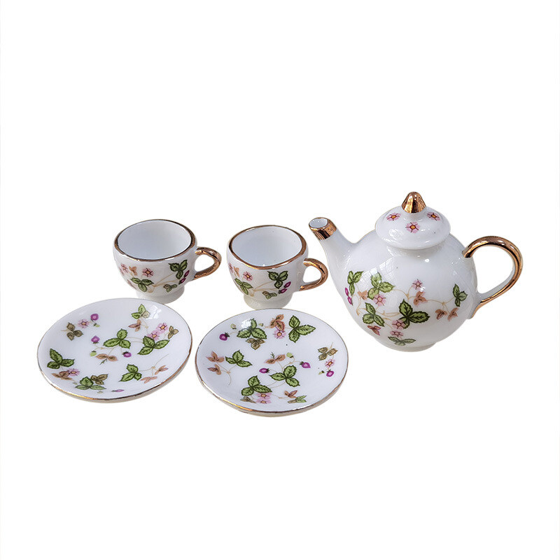 Puppenhaus Porzellan Teeset 1:12 – Ginkgo Biloba, Handgefertigt, 13x8,9x3 Cm, Mit Kanne, Tassen & Tellern