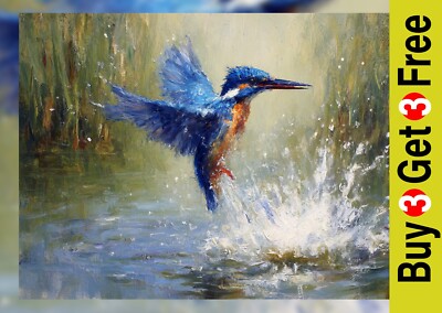 Lebendiger Eisvogel Vogel 5''x7'' Druck auf mattem Papier | Splashing Wildlife Malerei