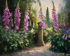 Garden with blooming foxgloves oil painting 8x10 Print