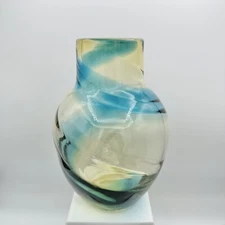 Art Glass Vase Teal Yellow Clear Swirl 9”