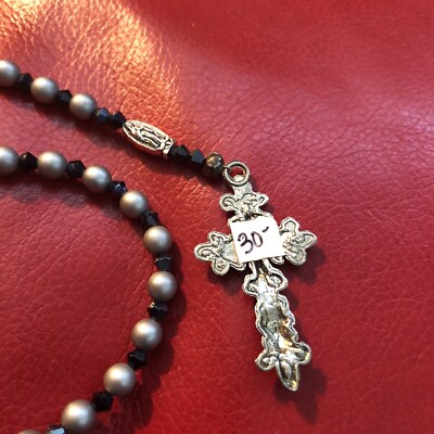 One Of A Kind Handmade Rosary With Grey And AmethysBeads With Silver-tone Cross