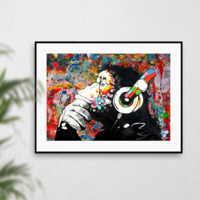 Banksy Monkey DJ Denker Schimpanse auf Rot Abstrakt Kunst Poster Druck Bild Kunstwerk