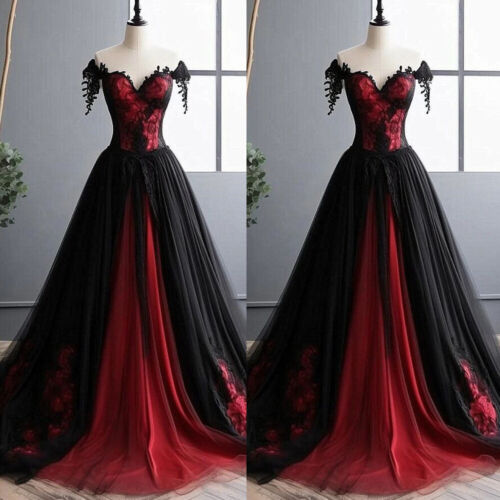 Gothic Black and Red Wedding Dresses Off the Shoulder Corset A Line Bridal Gowns - Picture 1 of 9