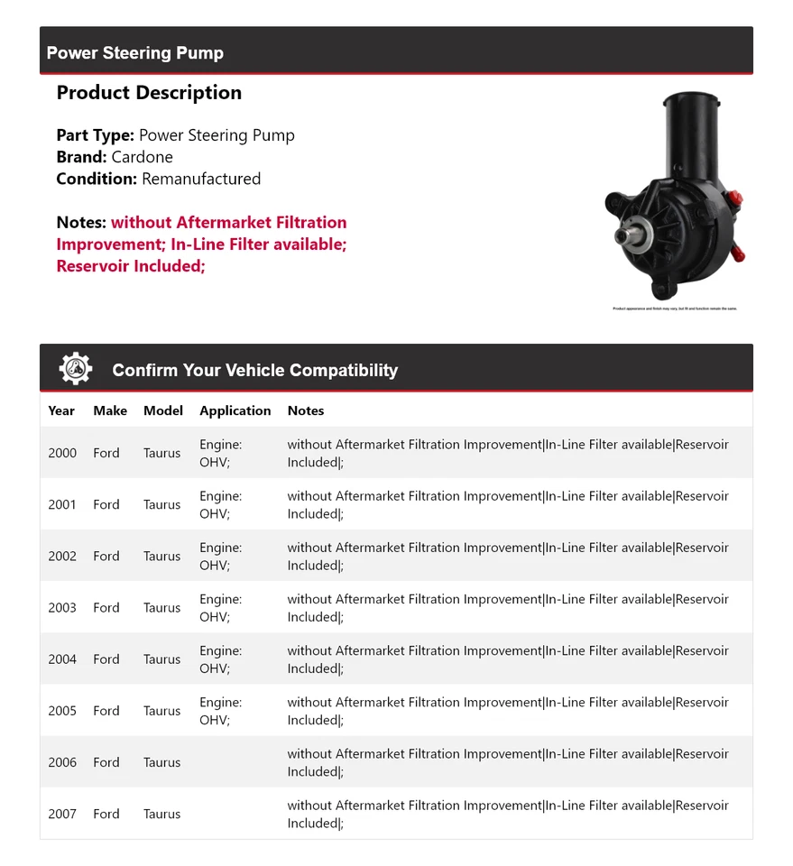Bomba de dirección asistida Cardone para Ford Taurus 2000-2007 2001 2002 2003 2004 2005 Foto 2 de 4