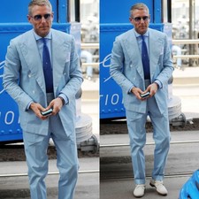 Blue Men's Suits Summer Wear Leisure Peak Lapel Double Breasted ManTuxedos Pants