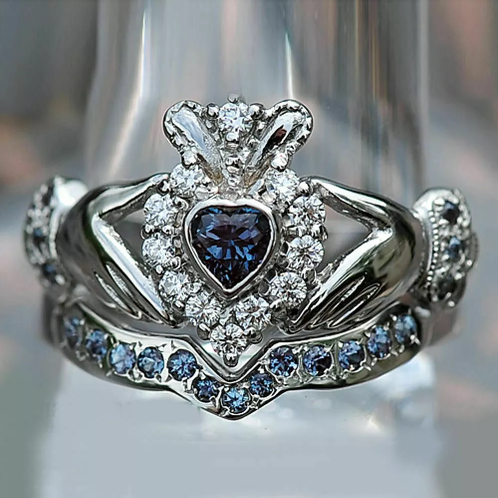 14K Yellow or White Gold Diamond Heart Claddagh Ring