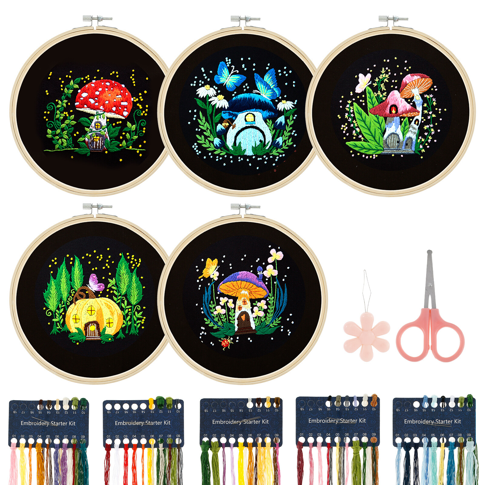5Pcs Embroidery Kit for Beginners Mushroom Pattern Starter DIY Cross Stitch Kit⋆