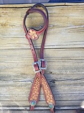 Leather One Ear Headstall With Floral Tooling And Turquoise Buckles