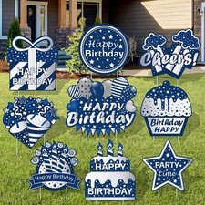 9 Pcs Happy Birthday Yard Signs with Stakes Lawn Blue Silver