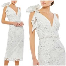 Mac Duggal 79337 Embellished White Mesh V-Neck Midi Dress Ivory/White Size 6 NWT