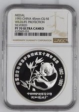 NGC PF70 China 1993 CWCA 10th Ann Wildlife Protection Silvered Panda Cu-Ni Medal