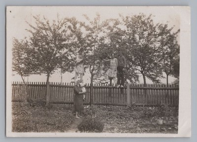 Young Woman & Man Posing on Fence with Grandmother and Child - Photo 1930s