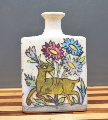 Pottery Barn 19th Century Qajar Iznik Style Crackle Glaze Bottle w Bird Flowers