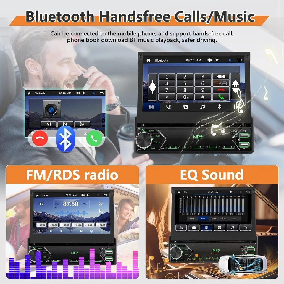 Autoradio Carplay 1 Din Schermo 7" a scomparsa Wireless Android Auto, Bluetooth - Immagine 4 di 4