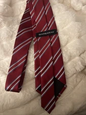 HATHAWAY SILK Red & Light blue Striped  NECKTIE TIE 100% SILK
