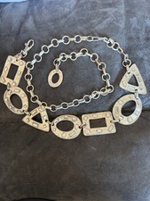 Vintage Chico  s Silver Tone Geometric Chain Belt Rhinestone Accent Y2K Waist Hip