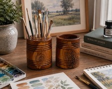 Vintage Handcrafted Wooden Artist Brush Holder  Supply Cup Set
