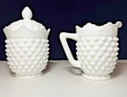 Fenton Hobnail White Milk Glass Ruffled Creamer and Sugar Bowl/ Lid vintage
