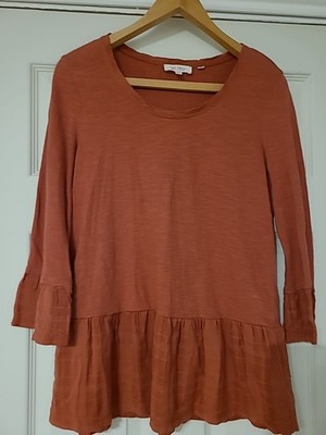 Fat Face terracotta/russet cotton jersey top fabric hem/flared sleeve Size 10