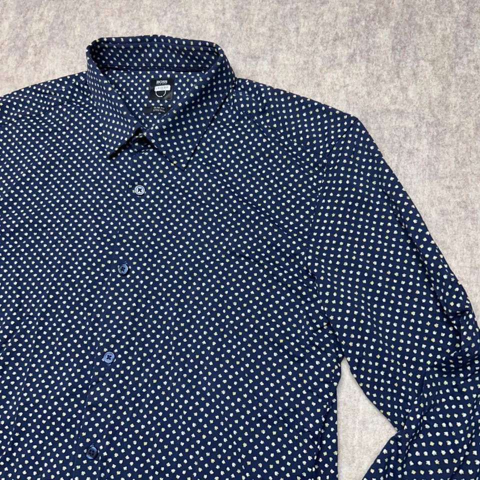 Hugo Boss Slim Fit Stretch Tiny Floral Dress Shirt Men Size L Navy Blue Ronni - Image 3 of 4
