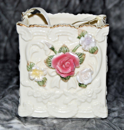 Victorian Vtg. Porcelain Basket Planter Vase 3D Roses Ribbons Heart Cuts 4" Tall