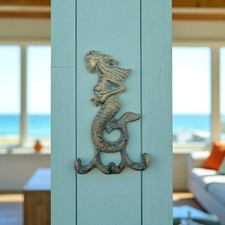 Cast Iron Mermaid Wall Hook Coastal Decor Green Patina Finish Nautical
