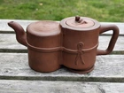 Antique Chinese Yixing Zisha Teapot Double Chamber Tied Scrolls As Found Damaged