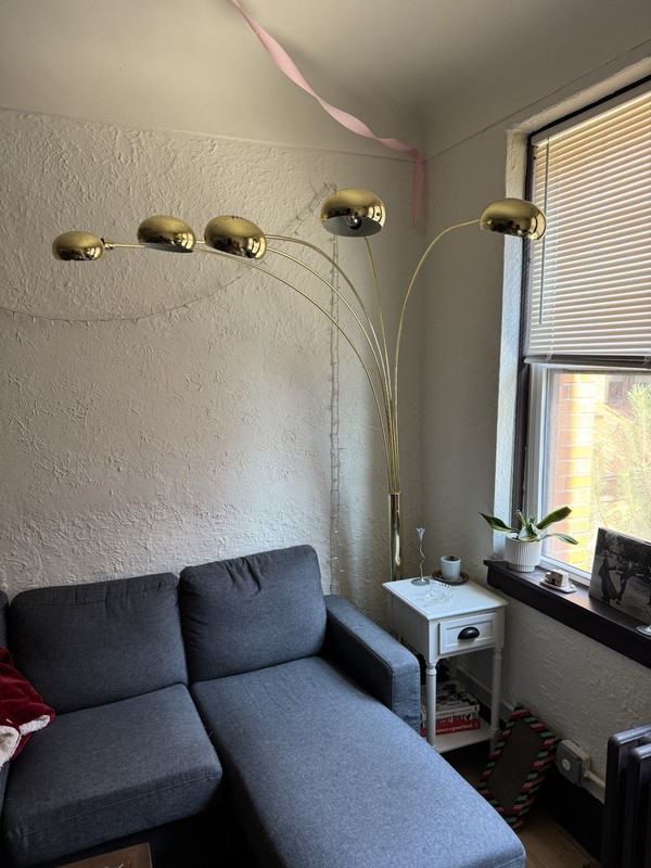 Gold 5-Light Arc Floor Lamp, Dome Shades, Foot Switch, Adjustable Modern