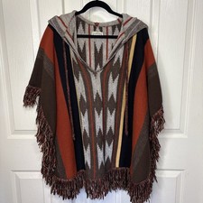 VTG Cuddle Knit Poncho One Size Hooded Fringe Southwestern 70s Retro Festival