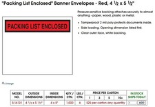 Uline S-16131 "Packing List Enclosed" Banner Envelopes 1000 Red, 4-1/2x5-1/2