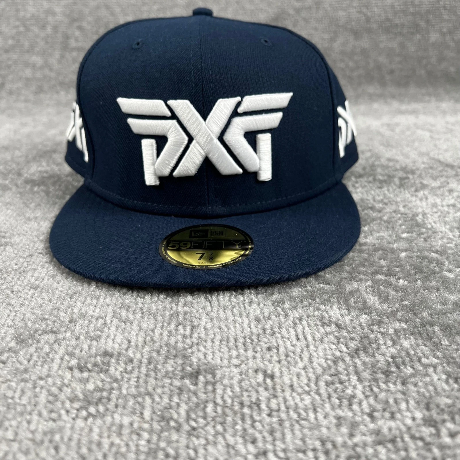 PXG New Era 59FIFTY Fitted Golf Hat Navy Blue White Logo Size 7 7/8 Cap