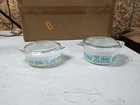 Pyrex Amish Butterprint 471 472 White w Turquoise Casserole Set of 2 w Lids