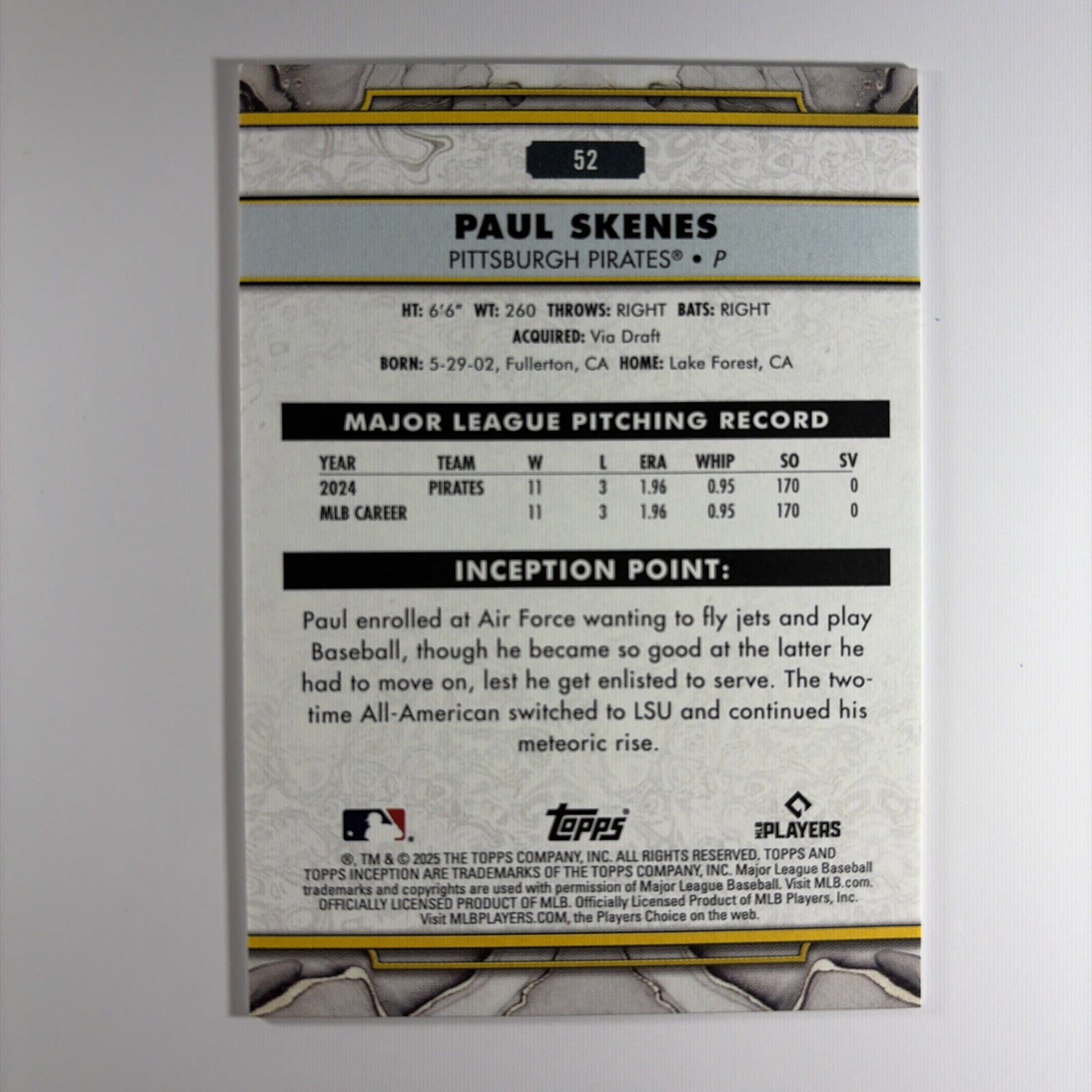 2025 Topps Inception Paul Skenes #52 Pirates view 2
