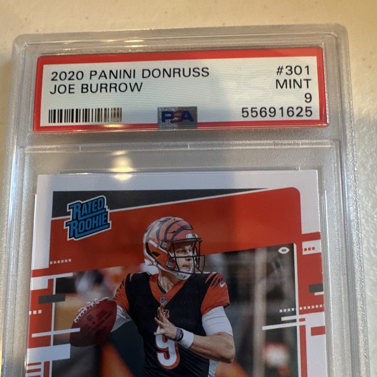 Panini 2020 Donruss Joe Burrow Rated Rookie RC #301 Bengals PSA 9 view 2